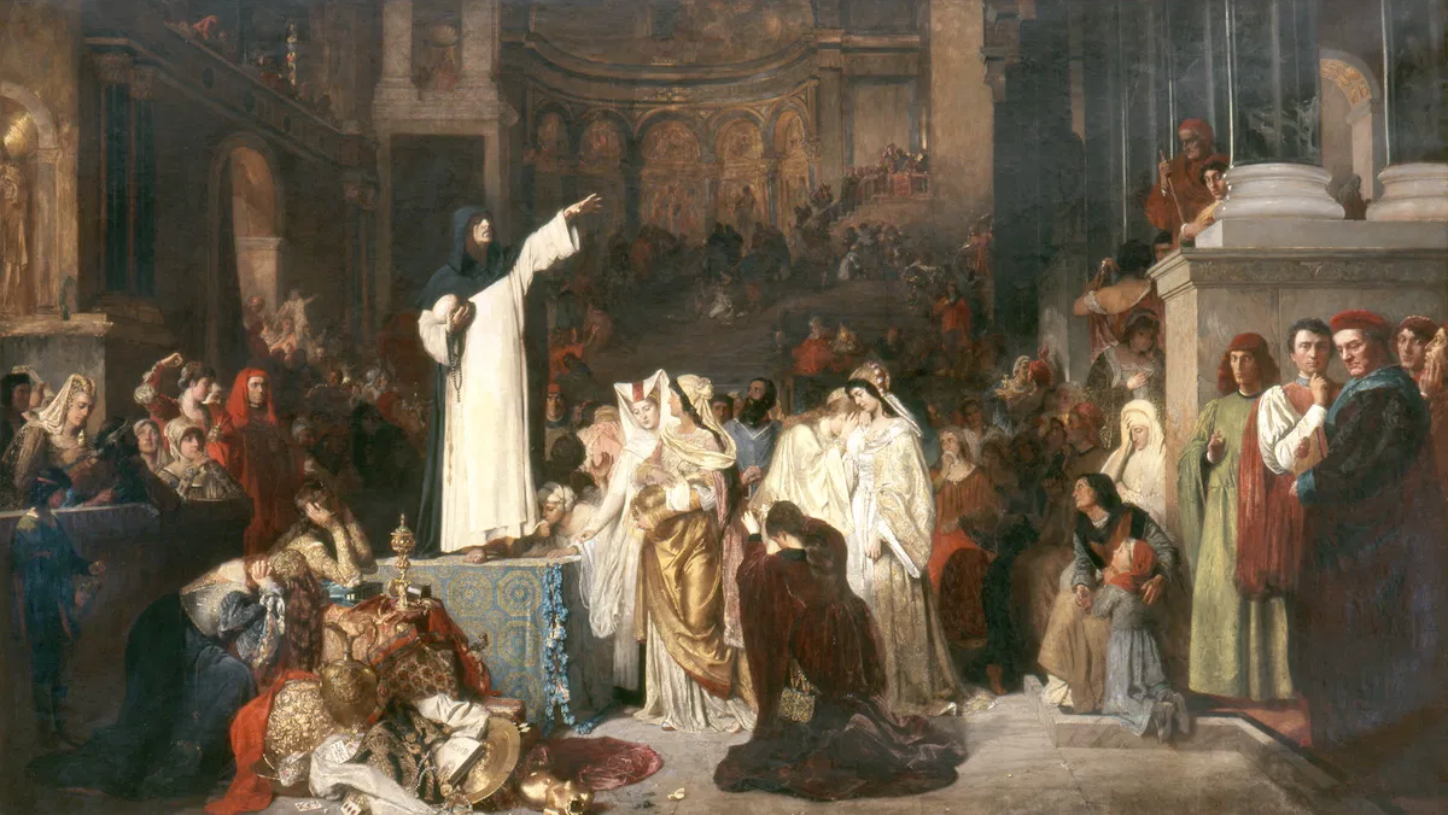 Ludwig von Langenmantel’s Savonarola Preaching Against Prodigality (1879) A medieval preacher in white robes gesturing passionately at a gathered crowd inside a grand hall, filled with richly dressed figures listening intently.