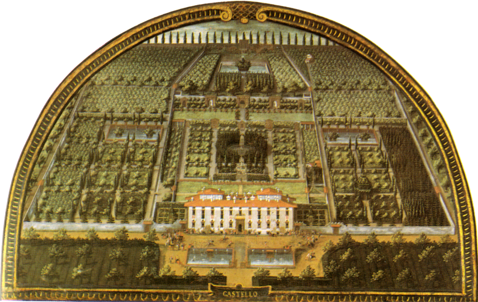 Giusto Utens’s Lunette of Villa di Castello as it appeared in 1599, Aerial view of a symmetrical Italian Renaissance garden with a central fountain, geometric hedges, and a grand villa at the bottom, framed by tall trees.