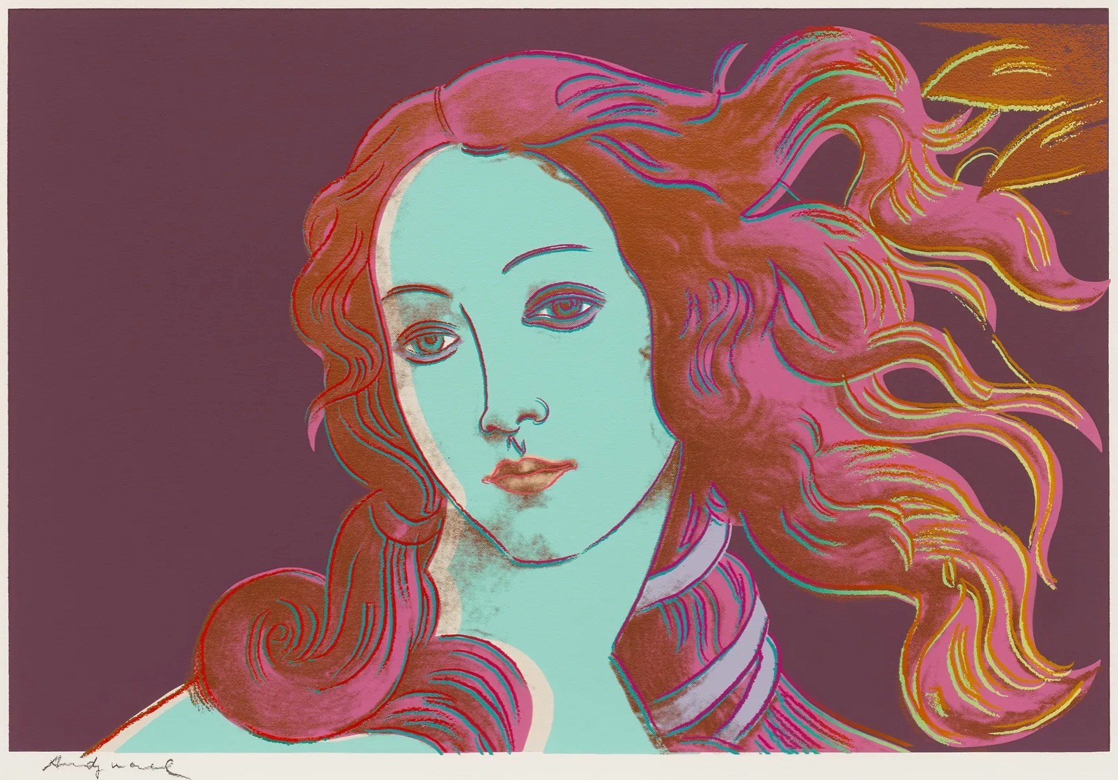 Andy Warhol’s Birth of Venus (1984) Colorful pop art depiction by Andy Warhol of a woman (Venus) with flowing hair, blending pink, purple, and turquoise tones. The expression is calm, set against a dark background.