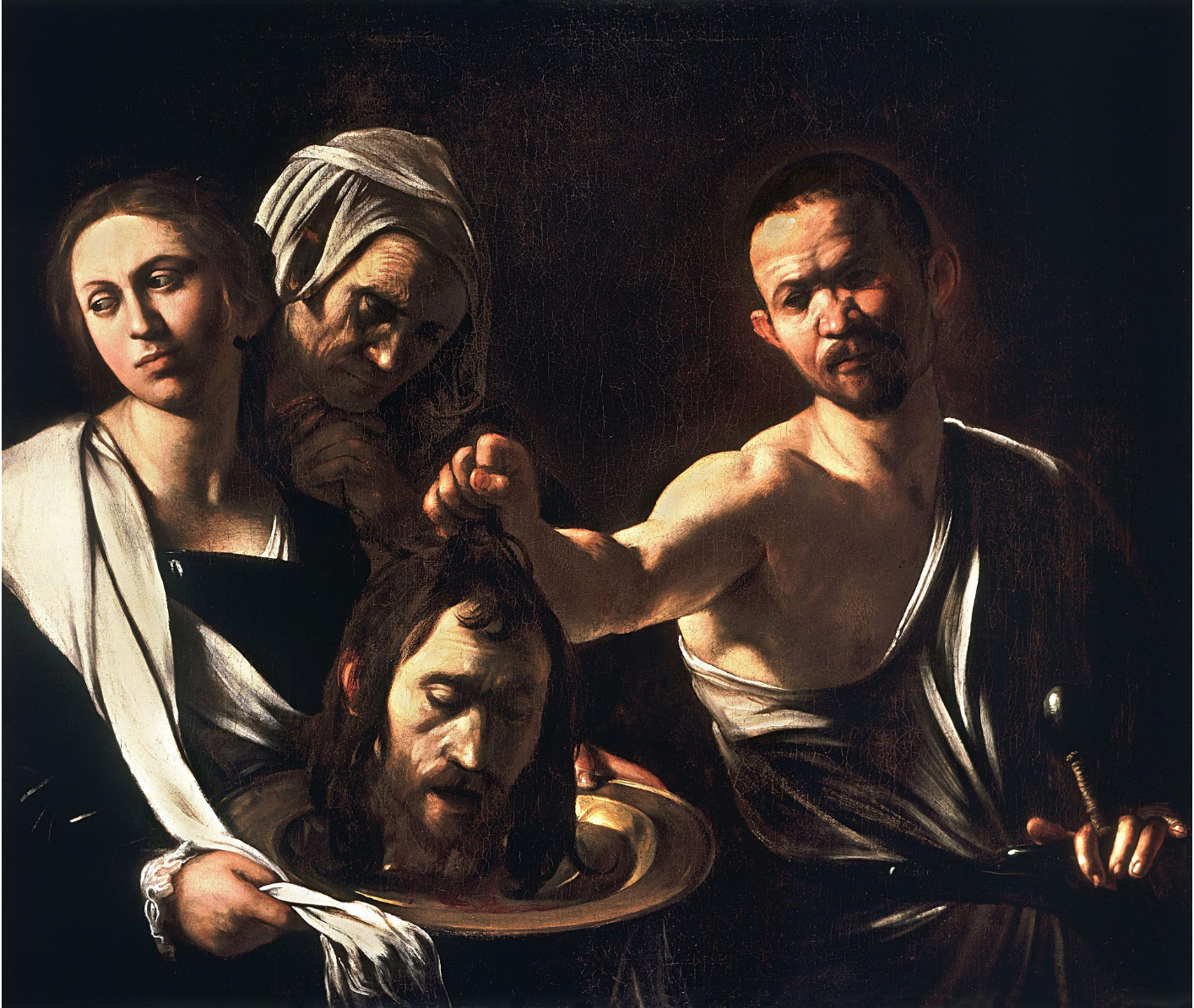 A dramatic painting showing a man holding the severed head of John the Baptist on a platter, surrounded by two women. The scene is dark and intense, evoking a somber mood.