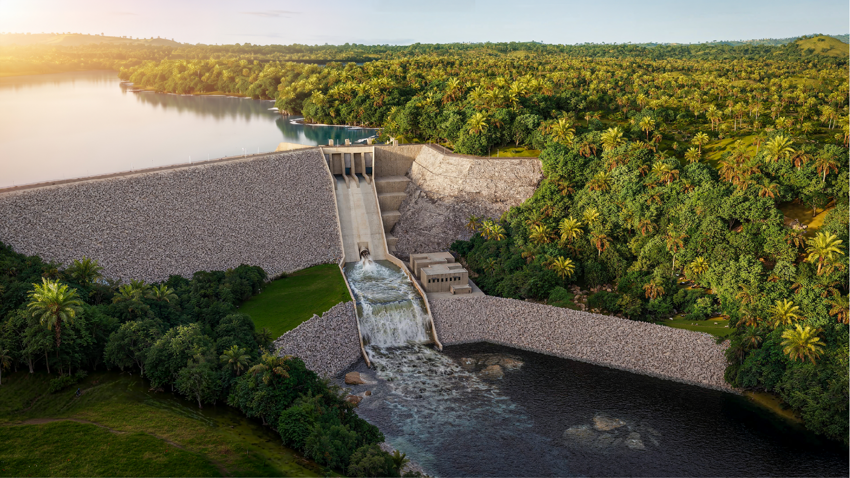 Representación esquemática de la presa del Lago de Río Indio, con vista técnica de su infraestructura y compuertas.