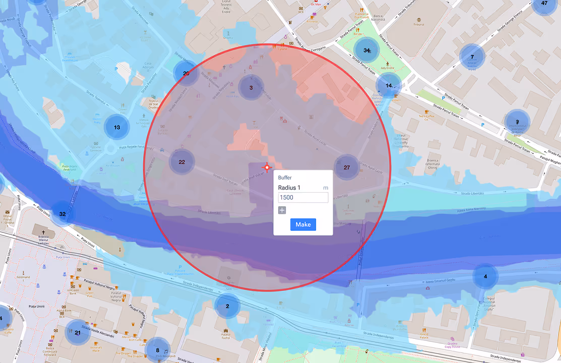 A map displayed in Graph by Quarticle overlaid with a flood geographic layer, accumulation analysis zones, and catchment area analysis for a 1500-meter radius.