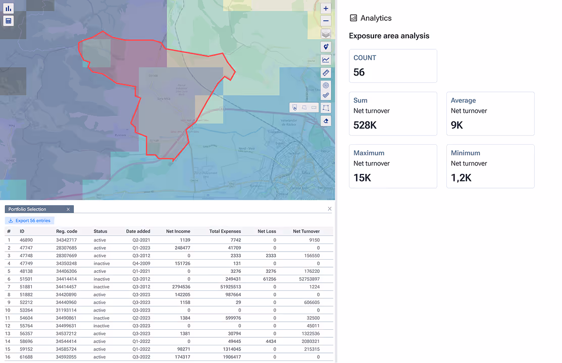 Exposure area analysis in Graph by Quarticle with a red polygon boundary overlaid on a geographic layer. The right panel shows analytics data. Below the map is a detailed data table including coordinates, area calculations, and various statistical measurements.
