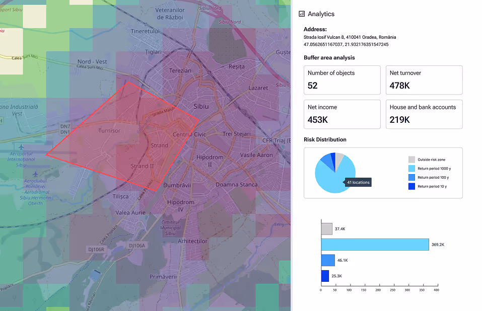 A map presented in Graph by Quarticle with multicolored geographic overlays and an analytics panel on the right displaying statistics, pie charts, and bar graphs about location-based data and risk breakdowns. 