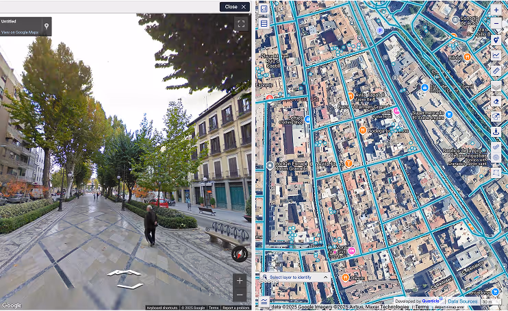 Split view showing a street-level photograph of a tree-lined urban street with buildings on the left and right, and an aerial satellite map view of the same area, displaying the dense urban layout with buildings, streets, and infrastructure in blue tones.