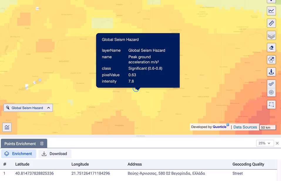 Seismic hazard mapping in Graph by Quarticle. A dark blue information pop-up shows 'Global Seism Hazard' details. At the bottom is a 'Points Enrichment' panel showing coordinate data and geocoding quality information. 