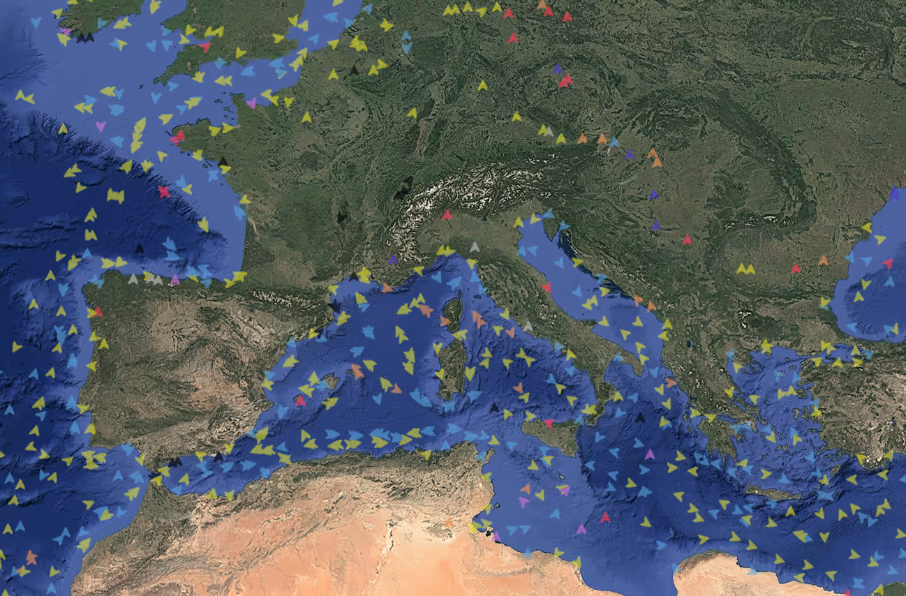 Satellite map of Southern Europe and the Mediterranean Sea with a geographic layer and colored markers representing marine data points, used in geospatial analysis. 