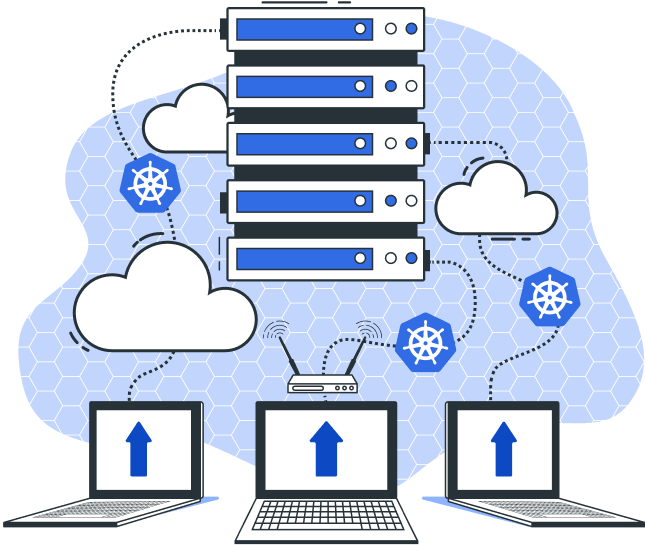Diagram illustrating cloud computing: three laptops upload data to servers via a wireless router, with cloud icons and Kubernetes symbols indicating cloud infrastructure and container orchestration.