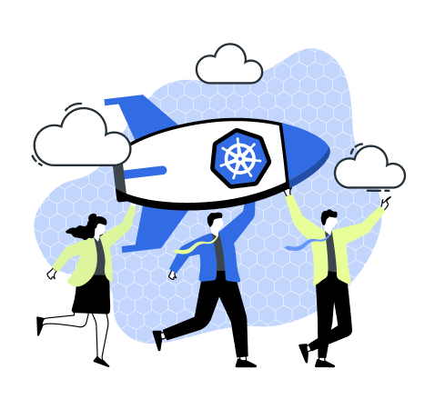 A stylized illustration shows three business people (two men and one woman) running and appearing to launch a rocket upward. The rocket has the Kubernetes logo on its side. 