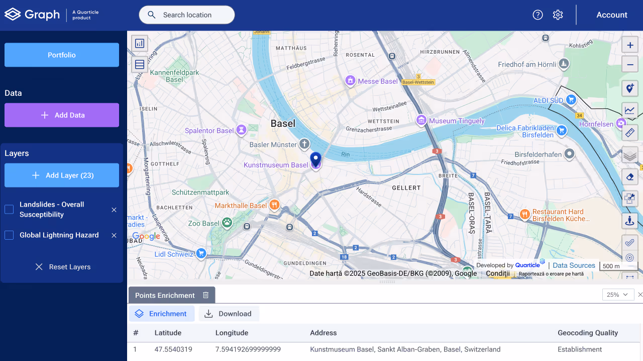 A digital map interface centered on Basel, Switzerland, with various locations and a location pin showcased in Graph by Quarticle. The menu on the left presents options for adding data, layers, and tools for exploring geographical information.