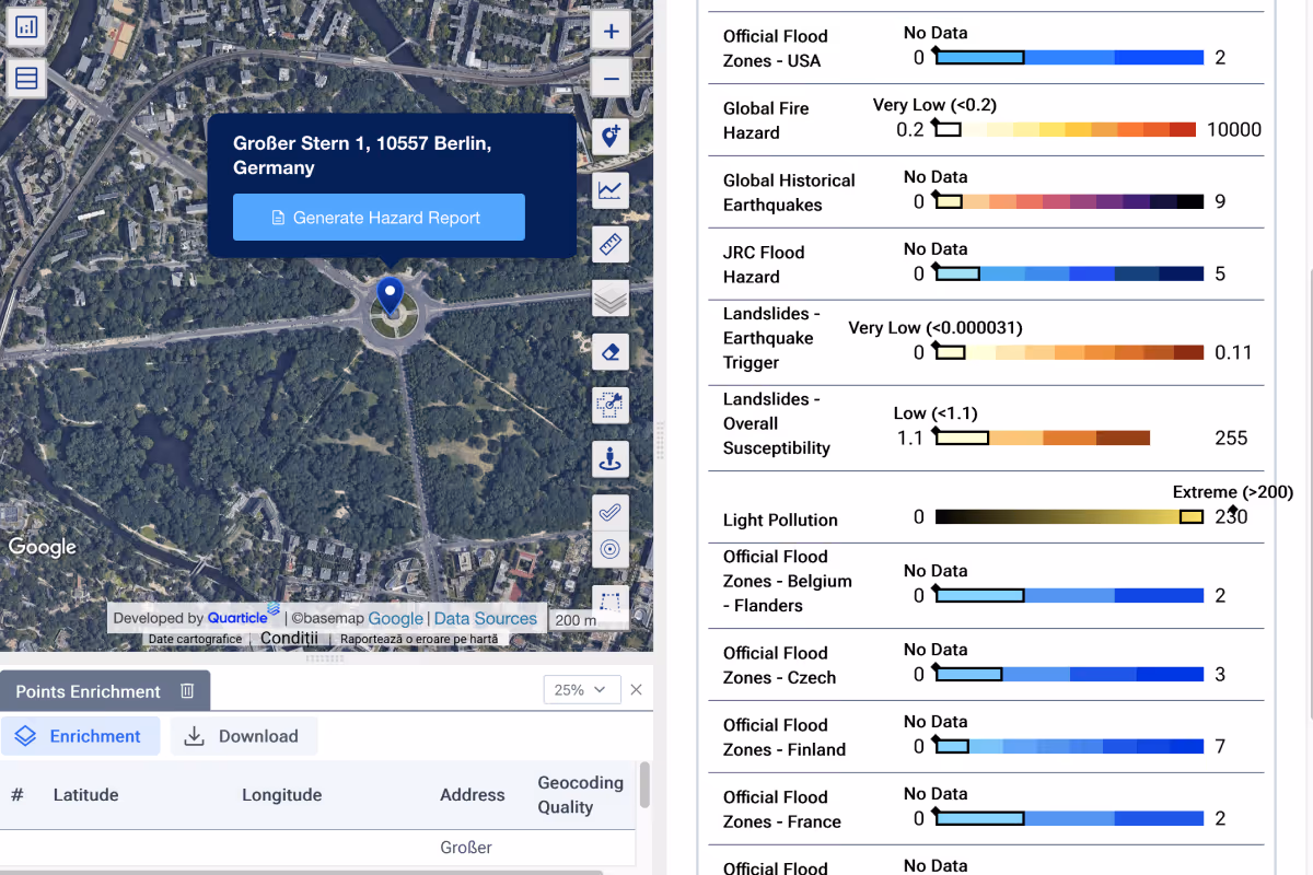 Digital map interface with location pin and geospatial analysis tools on the right side, presented in Graph, Quarticle’s location intelligence application. 