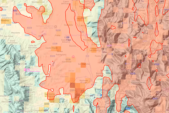 EventHub footprint visualization in Graph by Quarticle showing a natural disaster event boundary overlaid on a topographic map. The map displays geographic features, representing a spatial risk analysis.