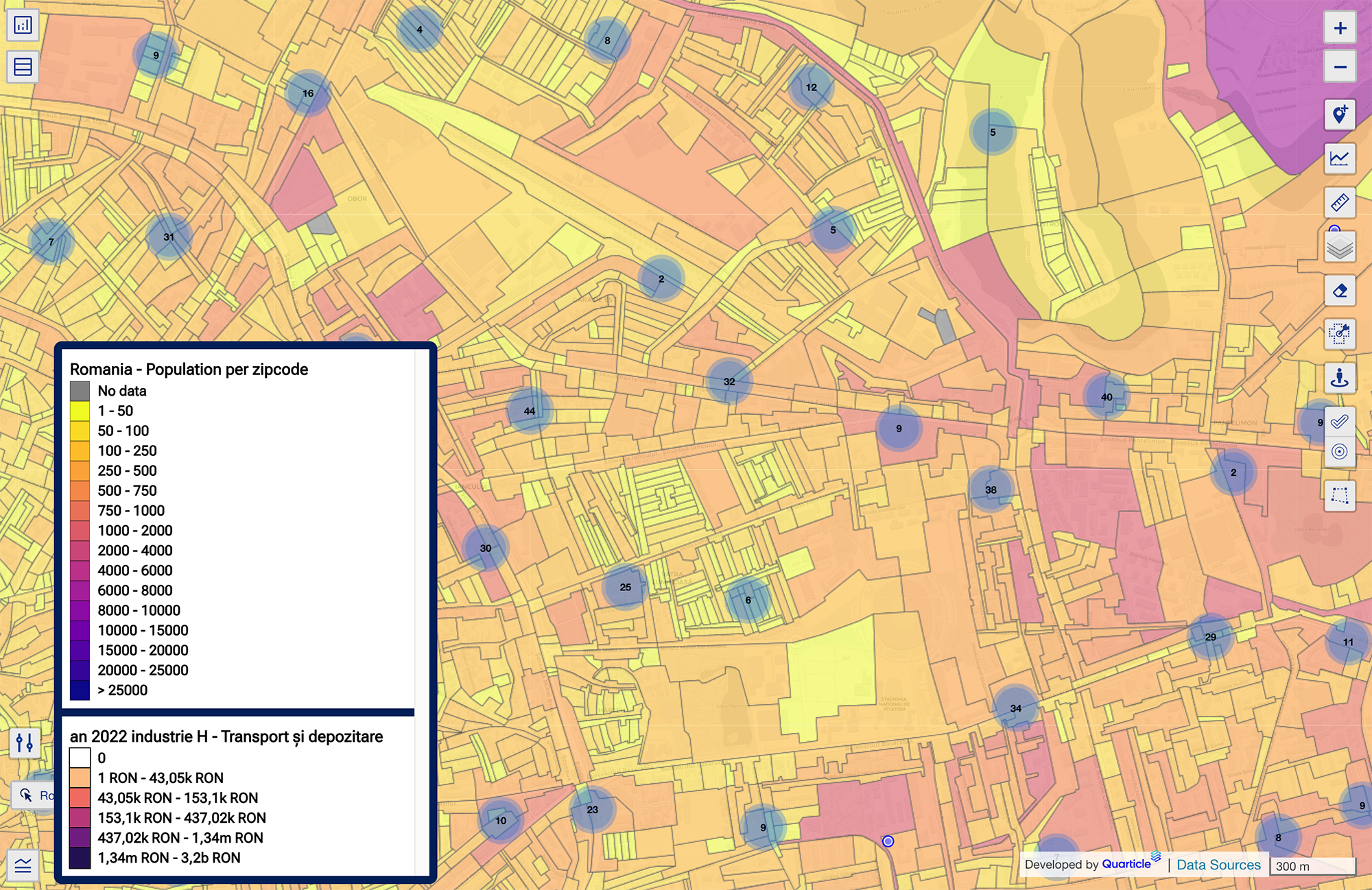 Exposure area analysis in Graph by Quarticle with a red polygon boundary overlaid on a geographic layer. The right panel shows analytics data. Below the map is a detailed data table including coordinates, area calculations, and various statistical measurements.
