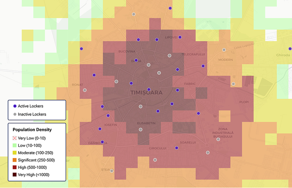 A map displayed in Graph by Quarticle overlaid with a flood geographic layer, accumulation analysis zones, and catchment area analysis for a 1500-meter radius.