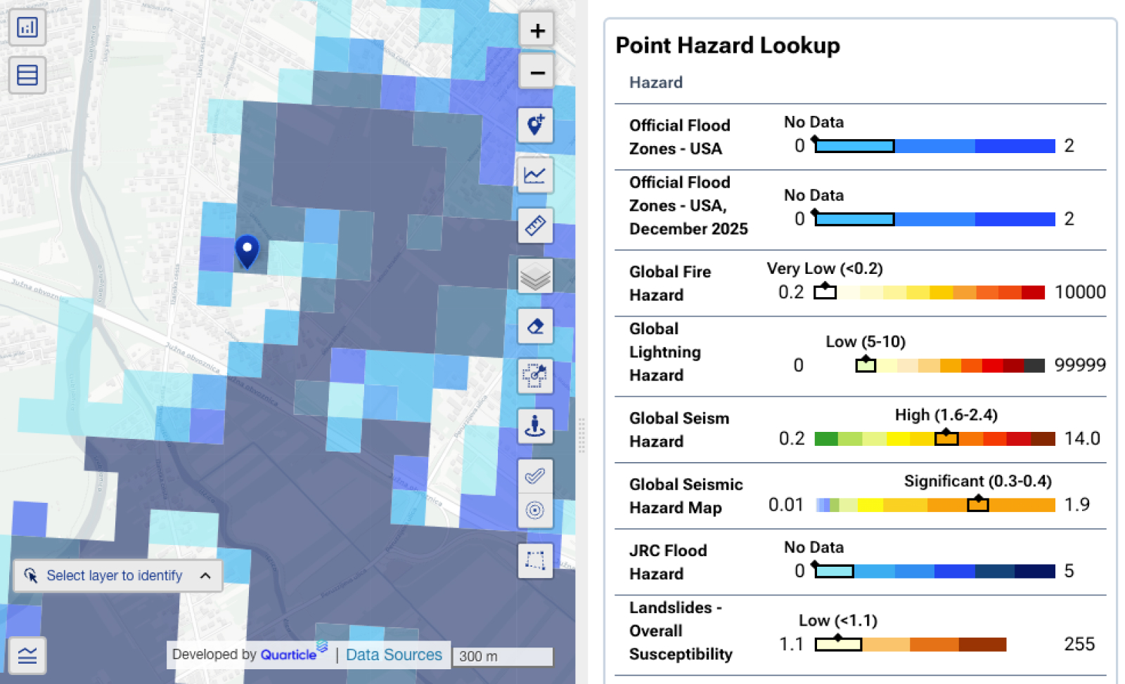 Map visualization in Graph by Quarticle showing multiple hazard layers overlaid with portfolio locations. The interface displays hazard intensity zones and an analytics panel summarizing exposure values for different natural hazards.