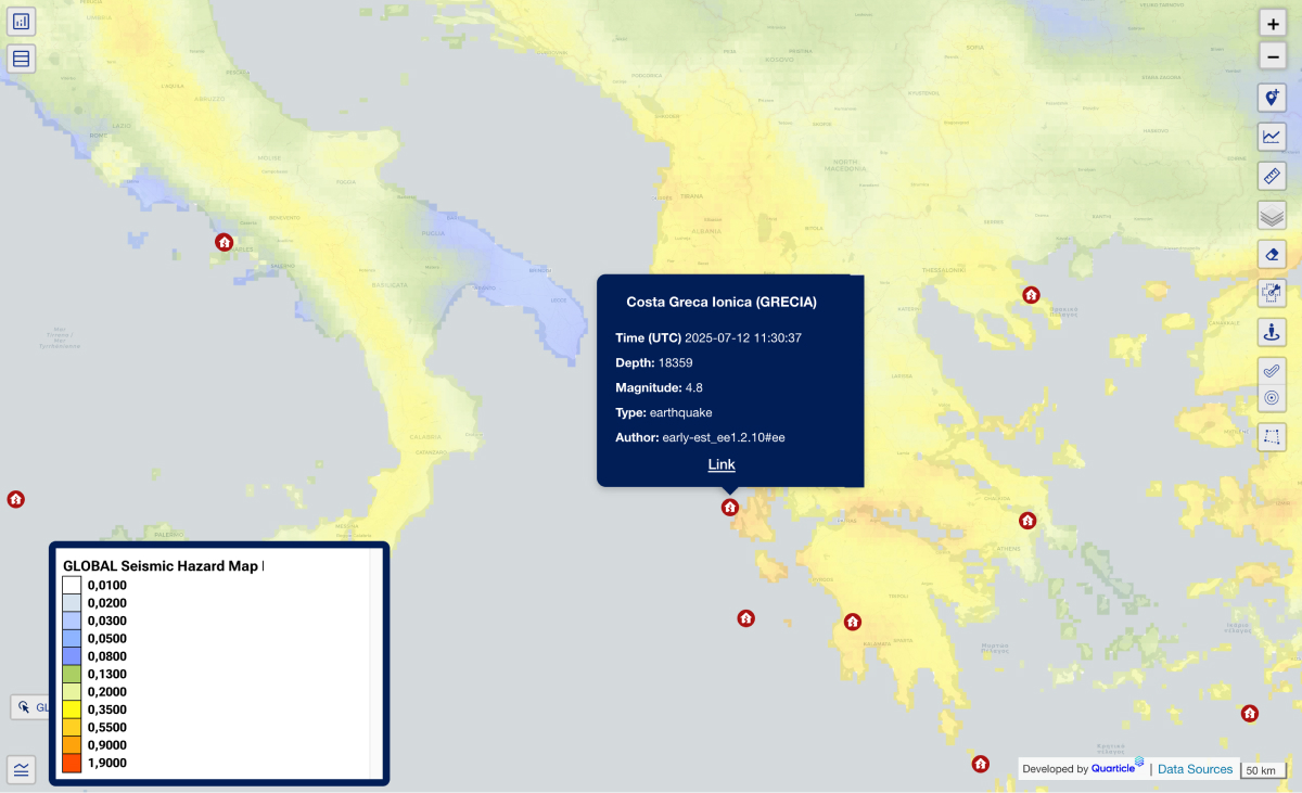 Map visualization in Graph by Quarticle presenting a global seismic hazard layer with risk zones depicted in color gradients; multiple live event markers highlight recent seismic activity for real-time catastrophe monitoring and multi-peril response.
