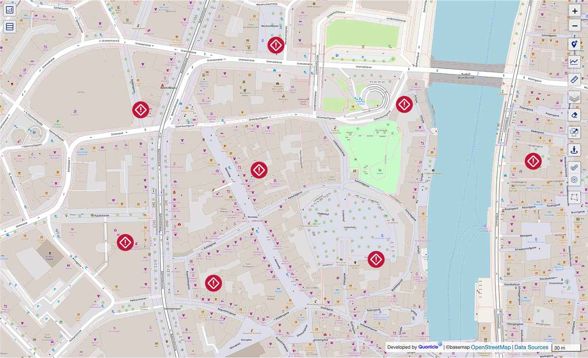 An urban hazard forecast map with hazard markers indicating early warning sites across a city, visualized for proactive risk management in Graph by Quarticle.