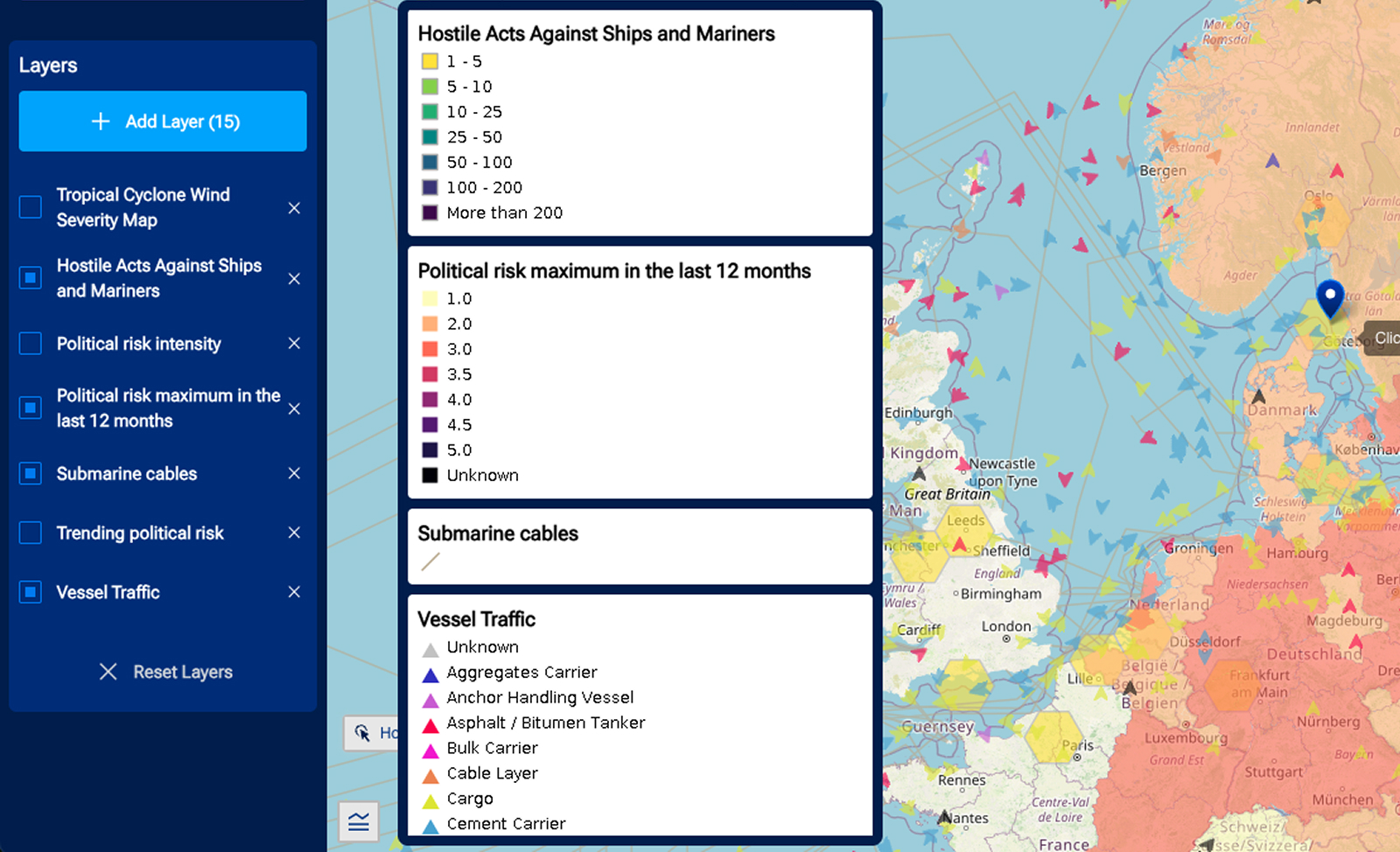 A map interface showing diverse layers, including geopolitical risk maximums in the last 12 months, hostile acts against ships, submarine cables, and vessel traffic, illustrating portfolio data intelligence for underwriting and claims optimization in Graph by Quarticle.