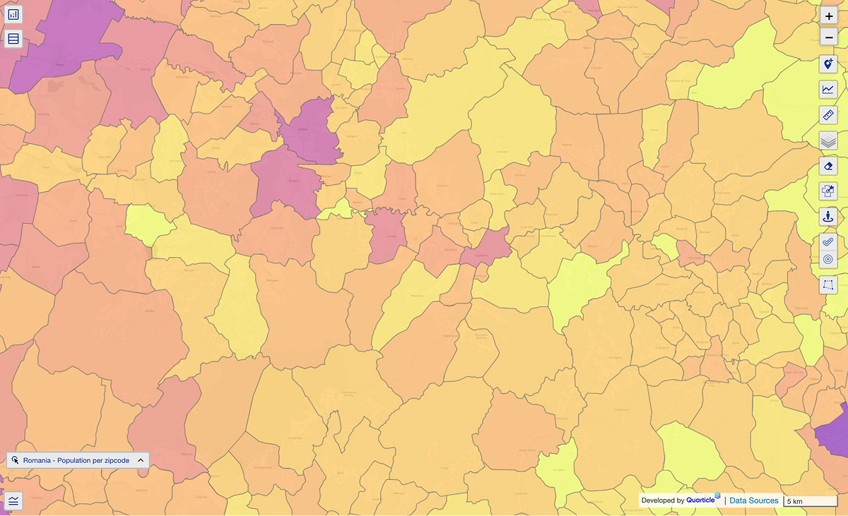 Exposure aggregation map in Graph by Quarticle showing CRESTA zones; color-coded areas clearly delineate boundaries to support standardized risk modeling and portfolio planning.