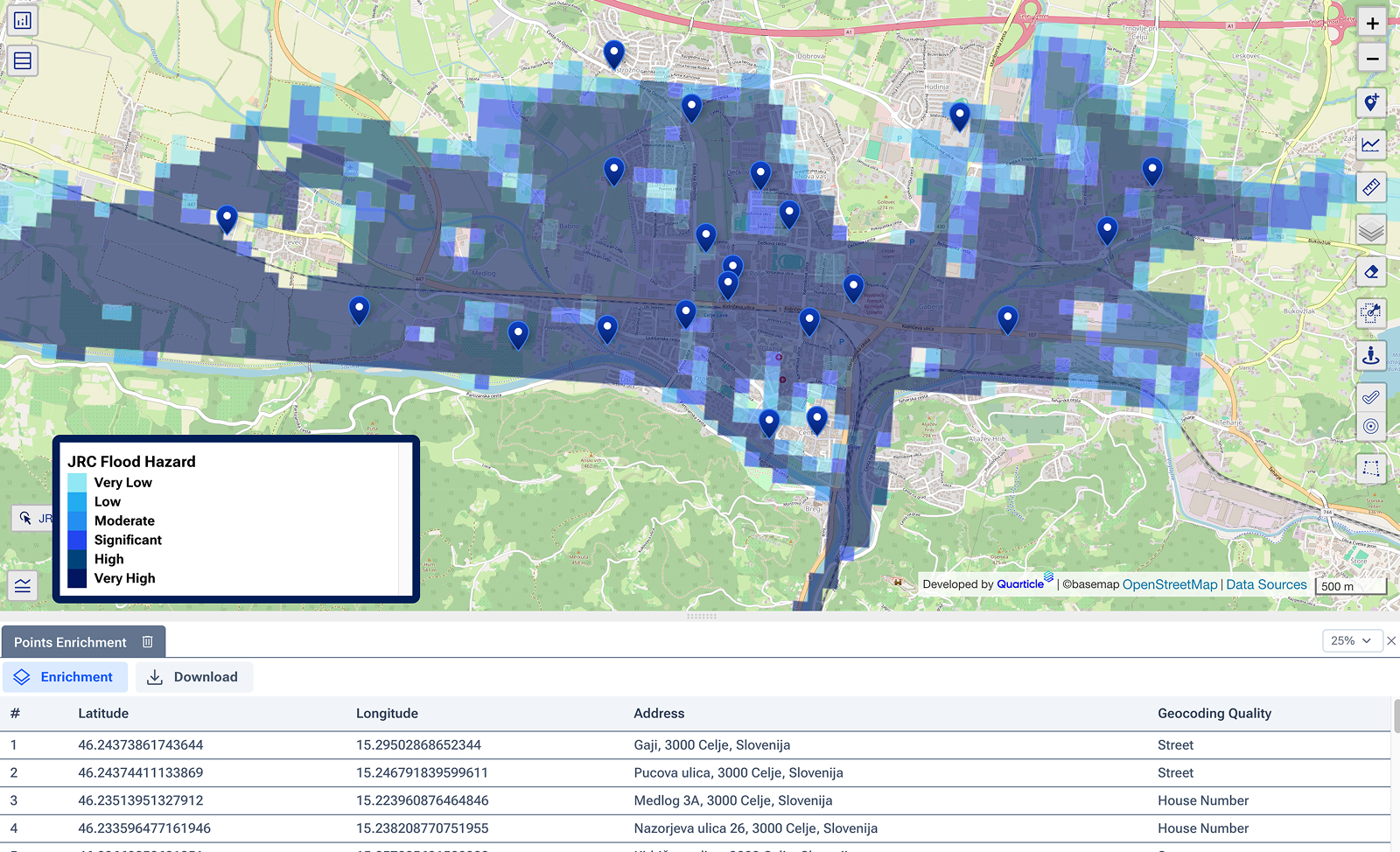 Flood exposure map in Graph by Quarticle showing high-risk flood zones over a river basin. Blue-shaded areas indicate varying flood depths and risk levels, while a property-level data table lists exposed assets below.