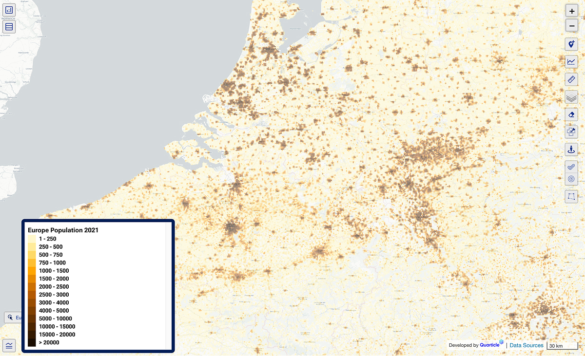 A granular demographic map shown in Graph by Quarticle, displaying Europe population densities with heat mapping shown over geographic units, supporting targeted marketing and fraud detection.
