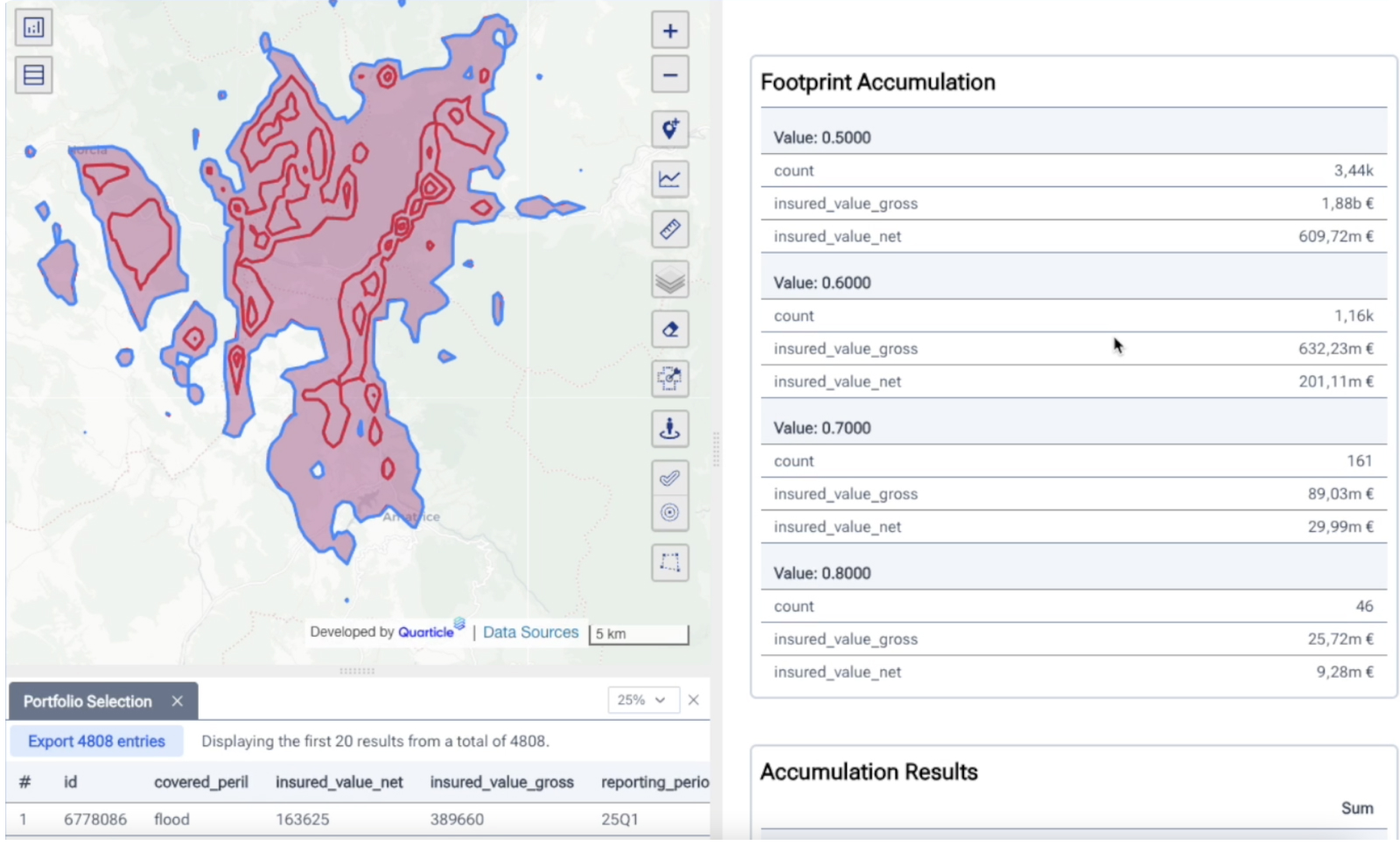 Highlighted map area displaying accumulated event footprints, with visual indicators for damage extent and severity, property valuations, and calculation results that support rapid claims processing, all enabled by EventHub and shown in the Quarticle Graph interface.