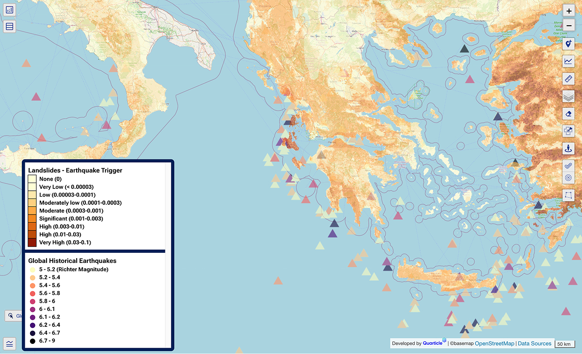 Comprehensive multi-hazard map in Graph by Quarticle combining landslides and earthquake layers over a regional base map. Symbols and colored overlays depict overlapping risk zones for integrated climate adaptation analysis.