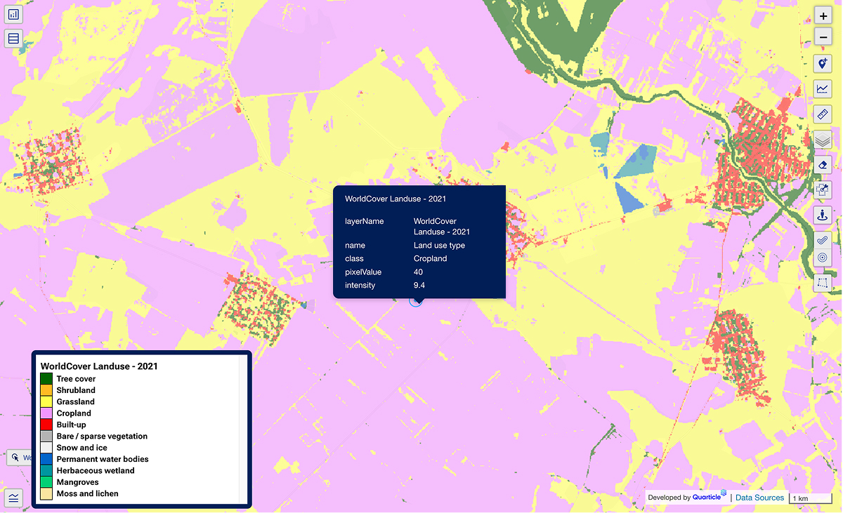 Agricultural risk and land use map in Graph by Quarticle featuring diverse land classification overlays, and highlighted regions, designed for specialty lines support and climate monitoring across agricultural sectors.