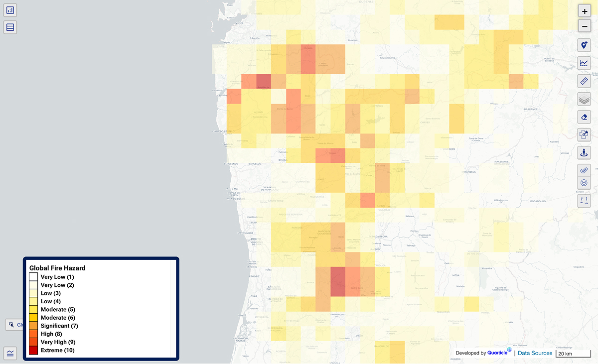 Geographical layer in Graph by Quarticle displaying global fire hazard across a region. Darker orange and red areas highlight higher fire risk, while lighter shades show less exposed areas. 