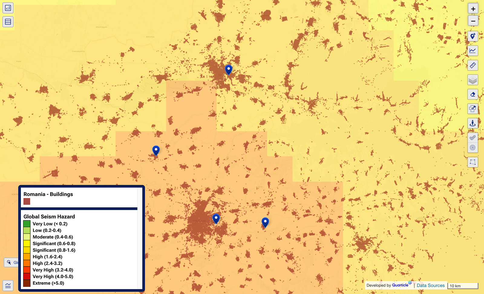 Seismic hazard map in Graph by Quarticle illustrating earthquake exposure intensity across a region in Romania. Color gradients indicate varying seismic risk levels, with mapped portfolio points showing exposed locations.