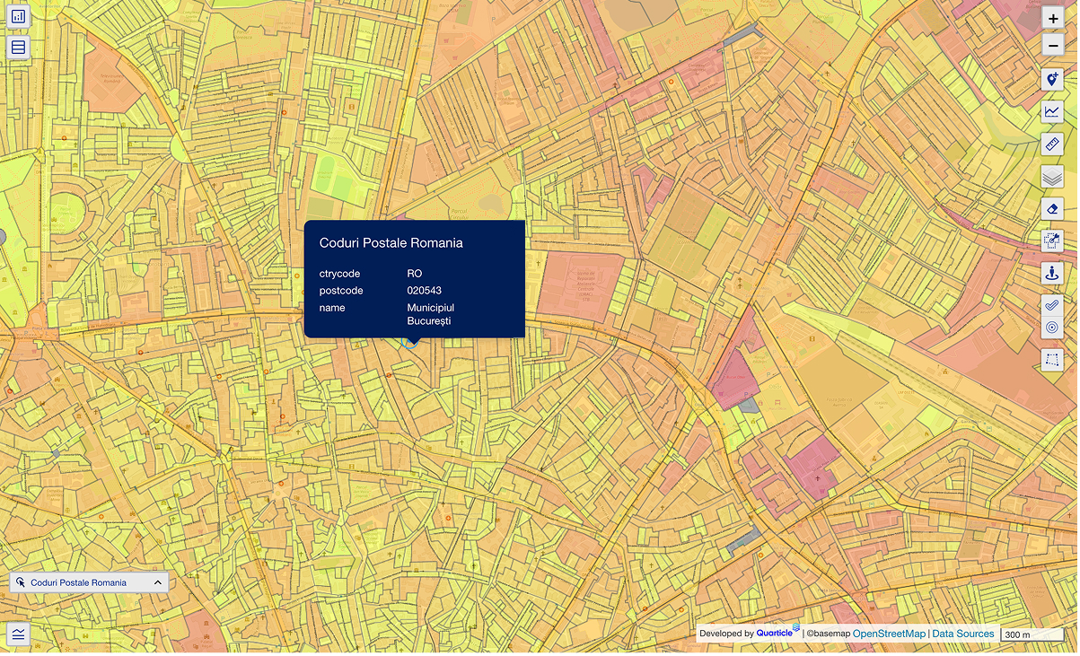 A detailed postal code boundary map visualized in Graph by Quarticle with color-coded zones representing different postal areas in Romania, used for territory planning, and risk screening.