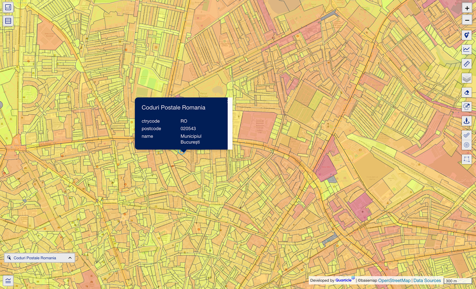 A detailed postal code boundary map visualized in Graph by Quarticle with color-coded zones representing different postal areas in Romania, used for territory planning, and risk screening.