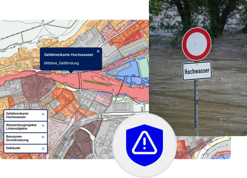 Map visualization shows building footprints, flood hazard zones, and an urban zoning plan. Next to the map, there is a photo of a road sign partially submerged by floodwaters and a hazard warning icon. The combined image illustrates how flood risk mapping is integrated with urban planning and civil engineering for hazard management.