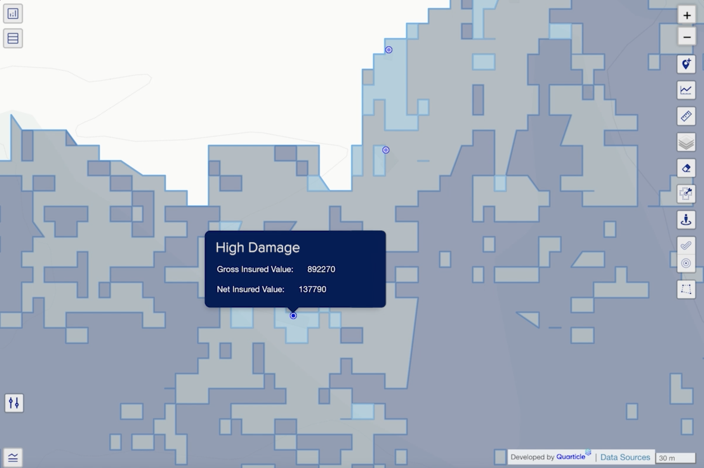 Graph by Quarticle geospatial intelligence app displays a hazard damage layer over a portfolio, with varying shades of blue representing different levels of damage across a geographic area. A pop-up labeled "High Damage" provides detailed gross and net insured values for a specific location, while several marker icons highlight affected insurance policies within the mapped portfolio.