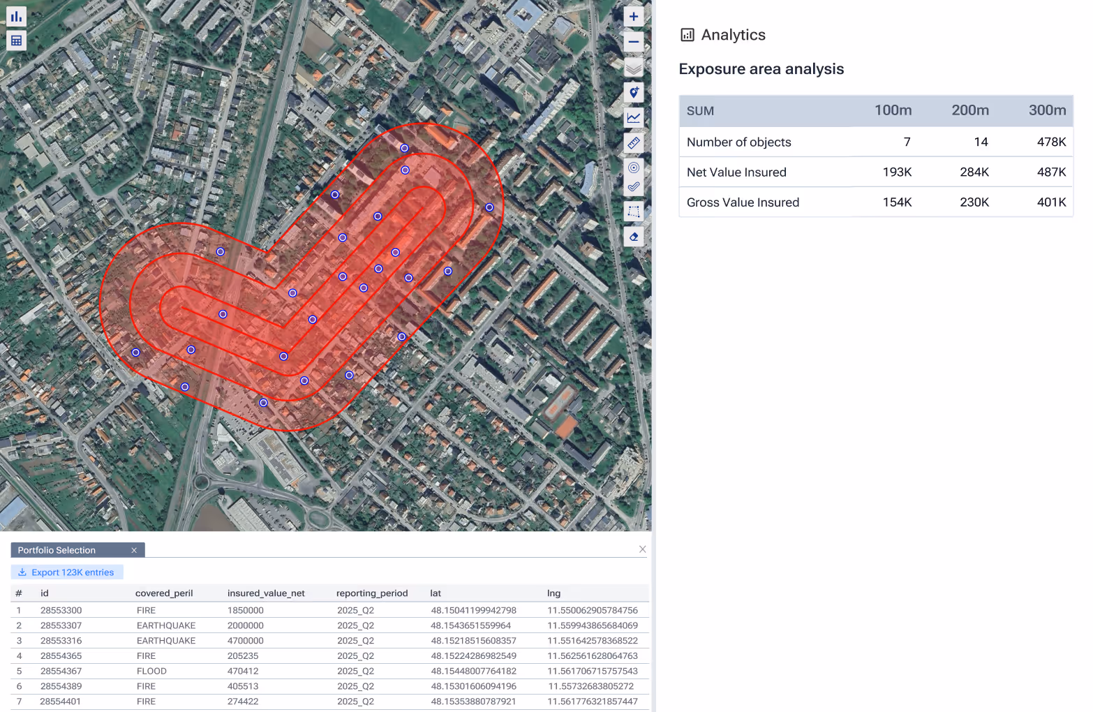 A satellite map in Graph by Quarticle with a red shaded exposure zone overlaid on a residential area, accompanied by a detailed data table at the bottom.