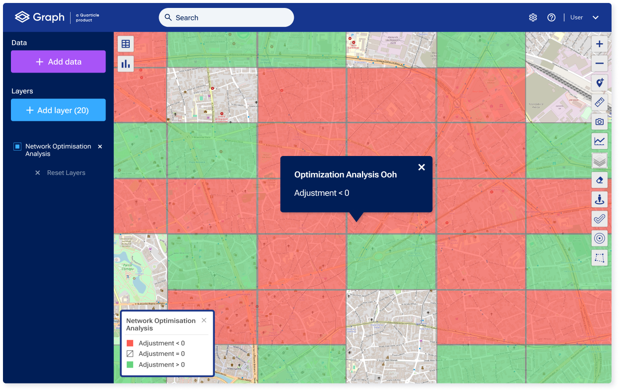 The Graph by Quarticle interface showing a geographic area divided into a red and green grid, representing a "Network Optimization Analysis" with different assessment values for each cell. The analysis is meant to identify ares with lacking or appropriate numbers of out of home points in a given area. 