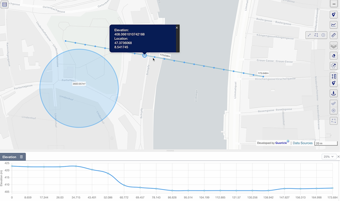 The Graph by Quarticle interface displaying a map with a circular blue buffer zone. A corresponding elevation profile graphic shows terrain height changes over the selected area. 
