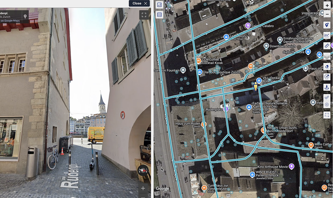 A split-screen interface in Graph by Quarticle showing a street-level photograph on the left and a corresponding aerial satellite map with a colored street network overlay on the right.
