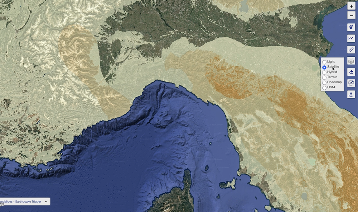 A map view showing a large coastal geographic area with various terrain elevations and water bodies showing that you can change to satellite view in Graph by Quarticle. 