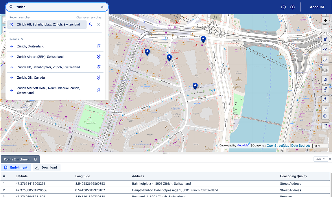 Quarticle’s Graph interface featuring a search bar with location results, a map with pinned locations and enrichment results for the selected addresses. 