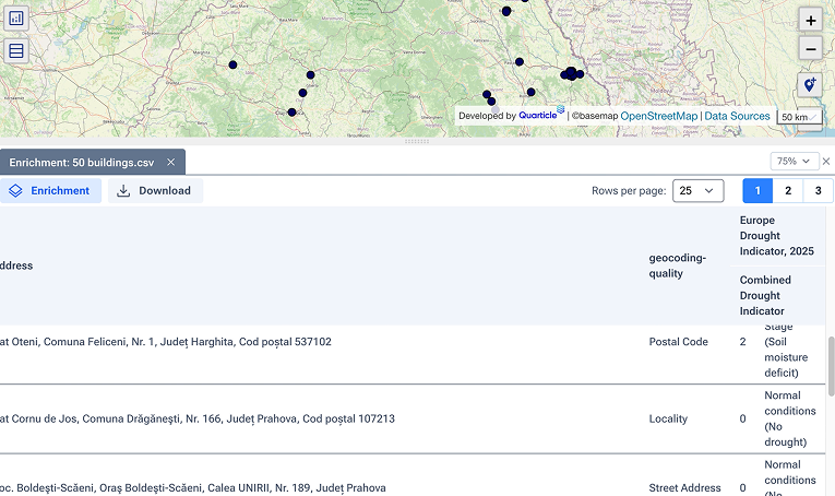 Graph by Quarticle interface showing a map in the upper half with black data points and a detailed enrichment results table at the bottom in a listing format.  