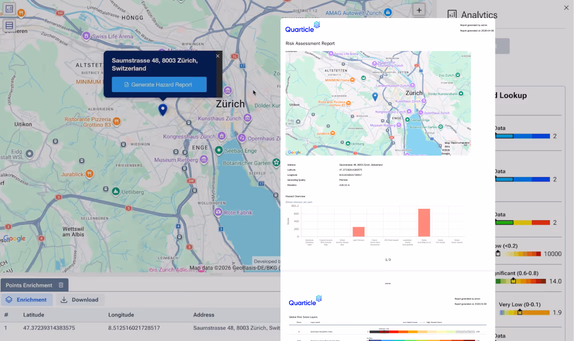 A screenshot of the Quarticle Graph interface showing a geospatial analysis for a location in Zürich, Switzerland. The main map displays a blue pin, with a pop-up option to "Generate Hazard Report". Overlaying the interface is a generated Risk Assessment Report document. On the right side of the interface, a "Point Hazard Lookup" sidebar shows color-coded risk scales for hazards such as flood, light pollution, and seismic activity.