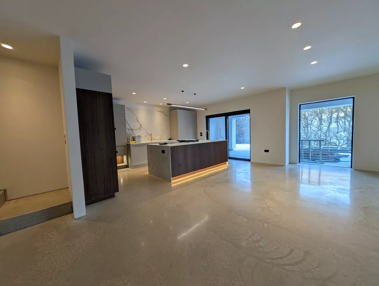 Polished concrete kitchen floor. 