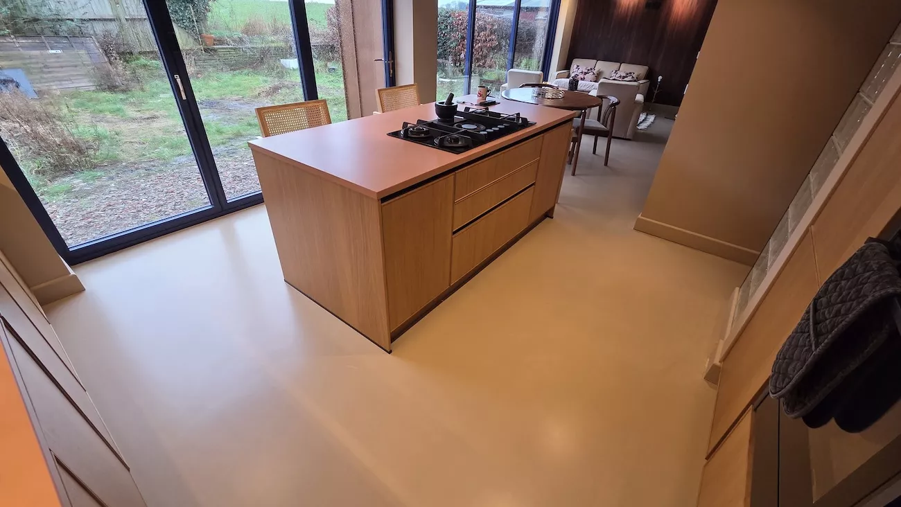Polished concrete overlay flooring in Kitchen.