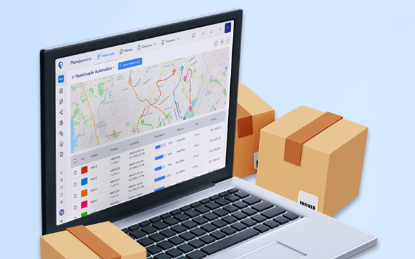 Ilustração de um laptop com Roteirizador Light da Mobiis e caixas ao lado