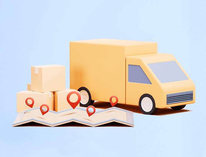 Caminhão pequeno ao lado de caixas de entrega e um mapa com diversos pins de localização