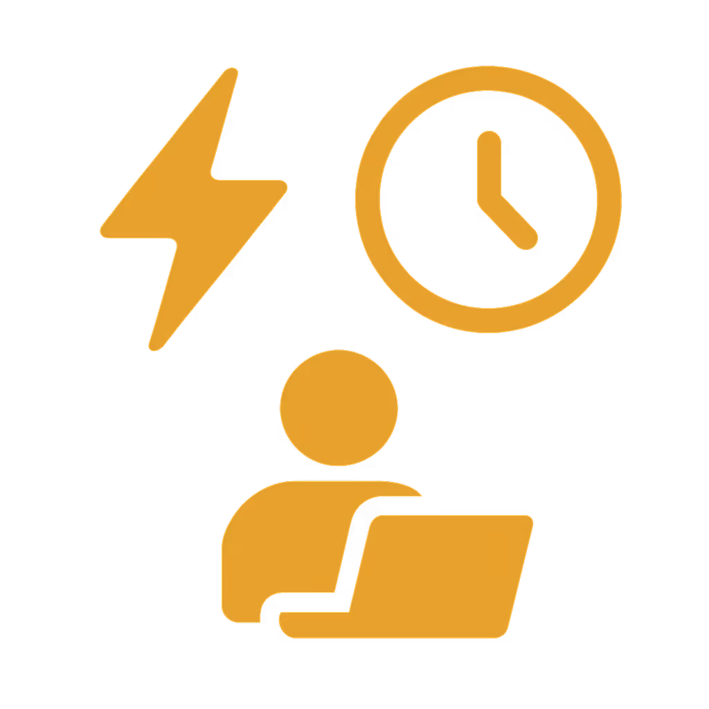 Icon showing a person working at a laptop with a clock and lightning bolt symbol above.