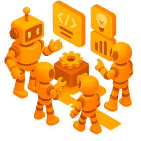 Four orange robots gathered around a gear with floating icons showing code and a lightbulb.