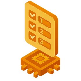 Isometric illustration of a microchip with a floating checklist showing three numbered items with checkmarks.