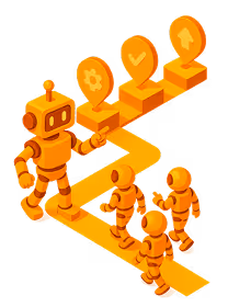 Orange robot guiding four smaller humanoid figures along a winding path with icons for gear, location pin, checkmark, and lightning bolt on pedestals.